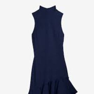Torn by Ronny Kobo Blue Asymetrical Ruffle Turtleneck Dress
